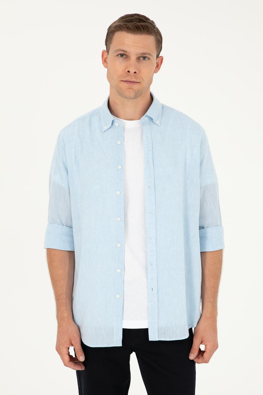 Açık Mavi Slim Fit Keten Karışımlı Gömlek - 50266184552