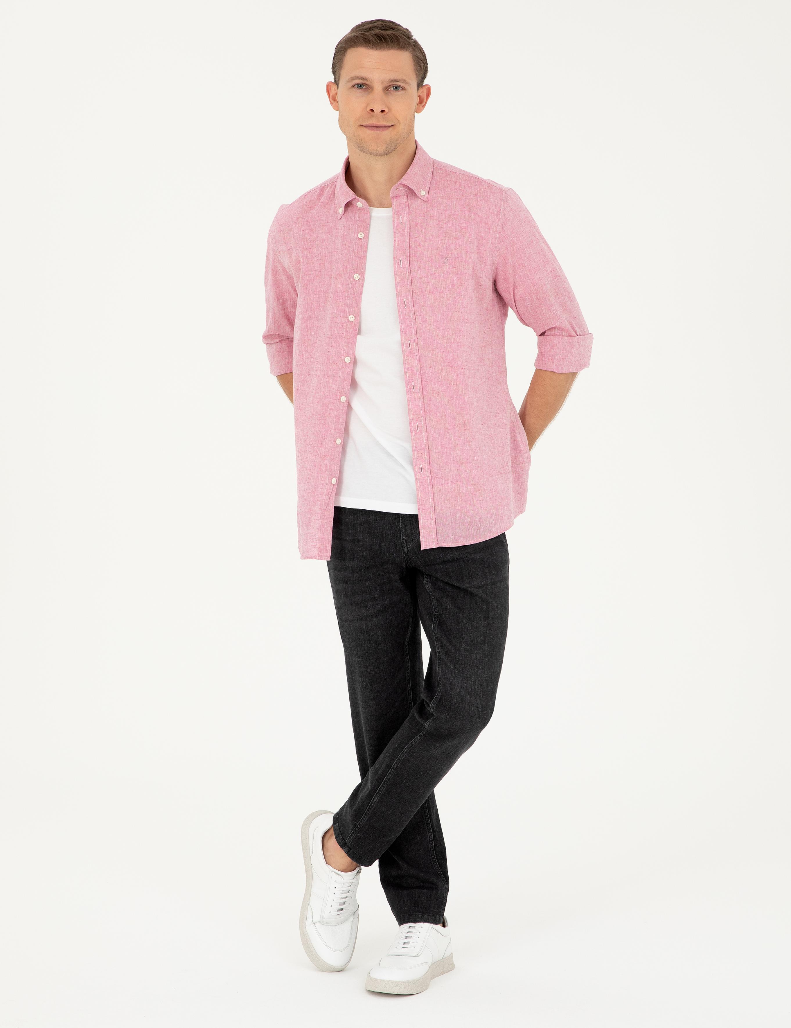 Kırmızı Slim Fit Keten Karışımlı Gömlek - 50266184563