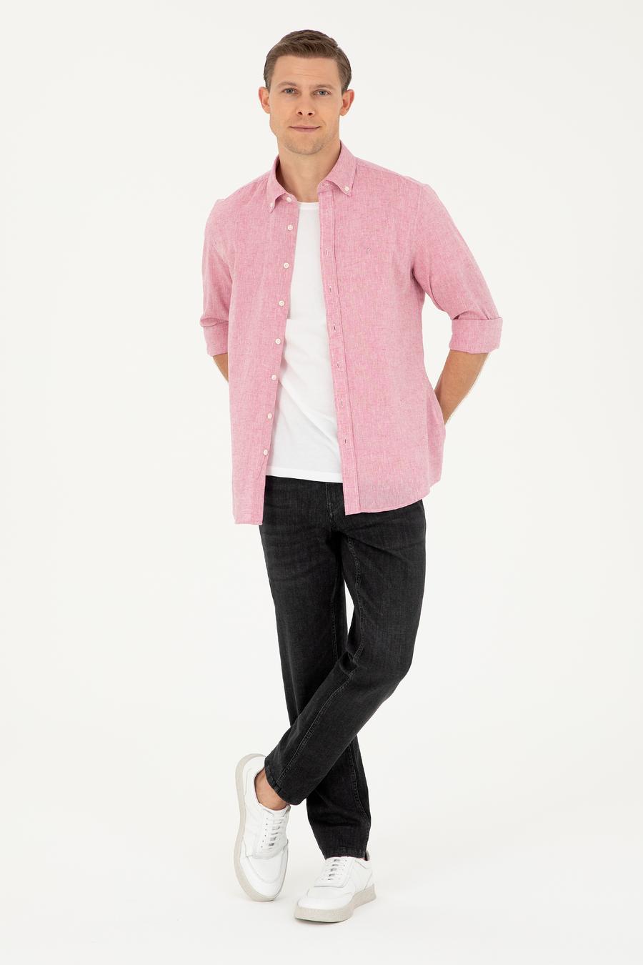 Kırmızı Slim Fit Keten Karışımlı Gömlek - 50266184563