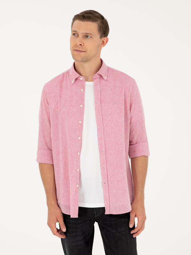 Kırmızı Slim Fit Keten Karışımlı Gömlek