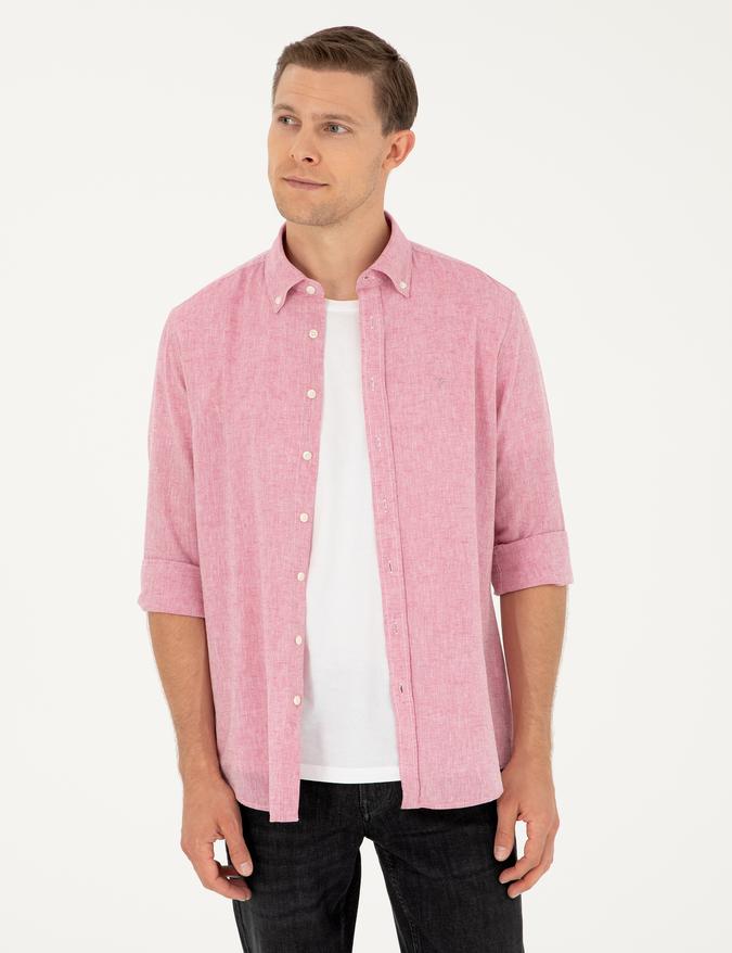 Kırmızı Slim Fit Keten Karışımlı Gömlek