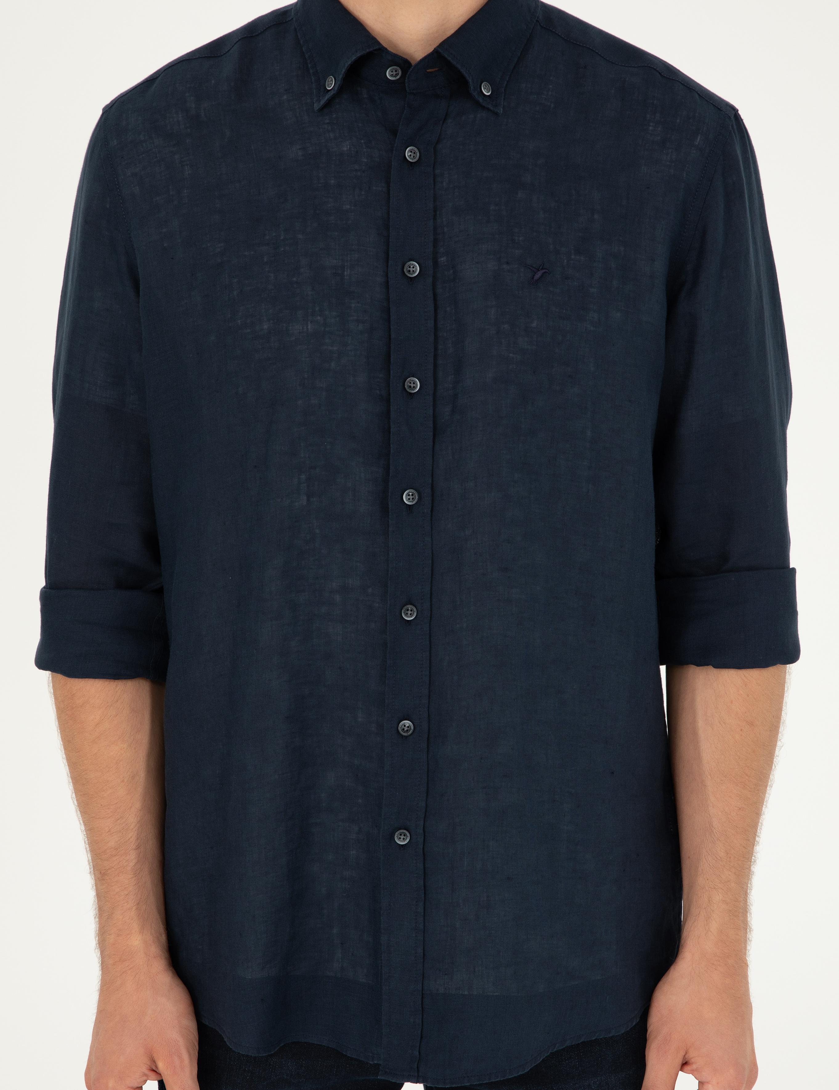 Lacivert Regular Fit %100 Keten Gömlek - 50284823319
