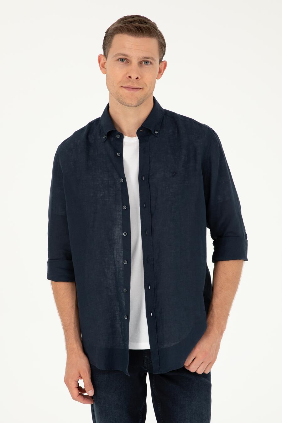 Lacivert Regular Fit %100 Keten Gömlek - 50284823319