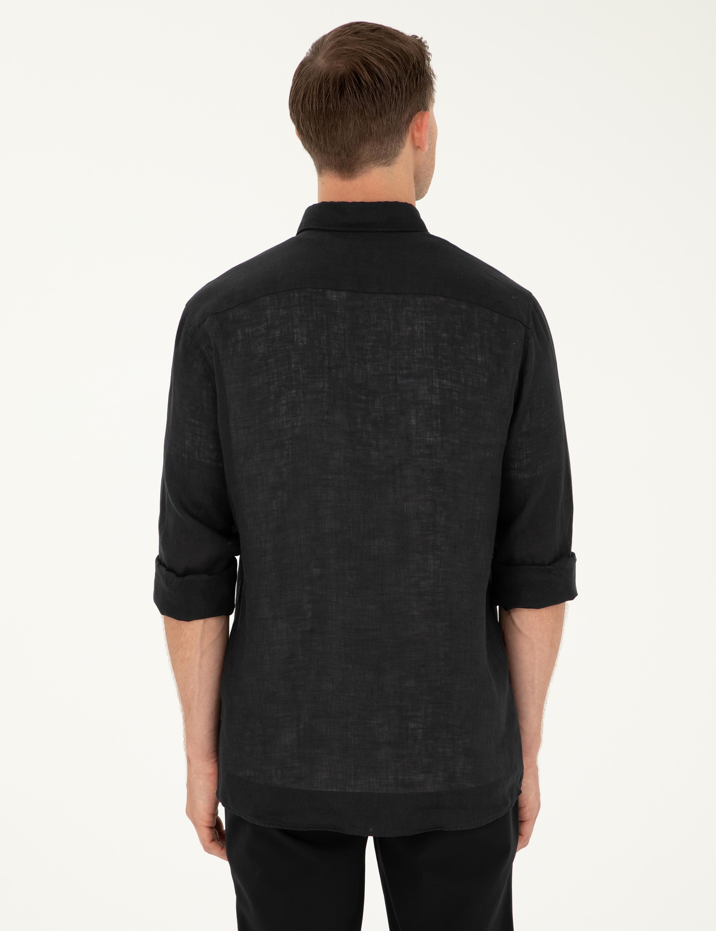 Siyah Slim Fit %100 Keten Gömlek - 50284823340