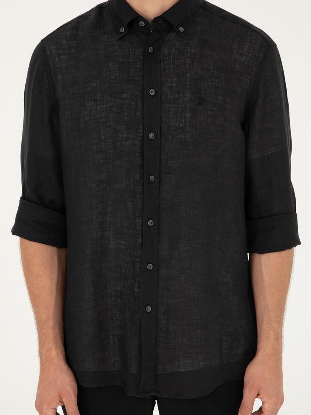 Siyah Slim Fit %100 Keten Gömlek
