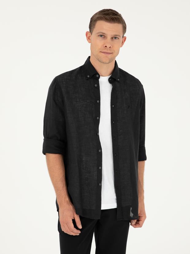 Siyah Slim Fit %100 Keten Gömlek