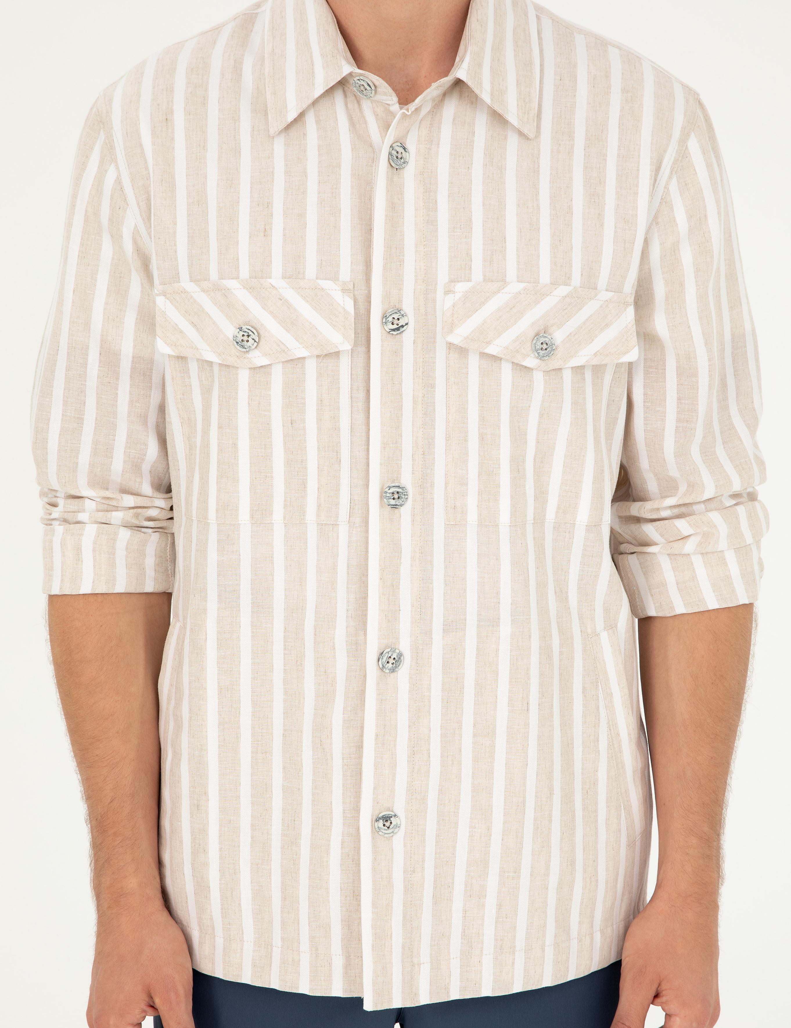 Bej Regular Fit Keten Karışımlı Ceket Gömlek - 50288941022