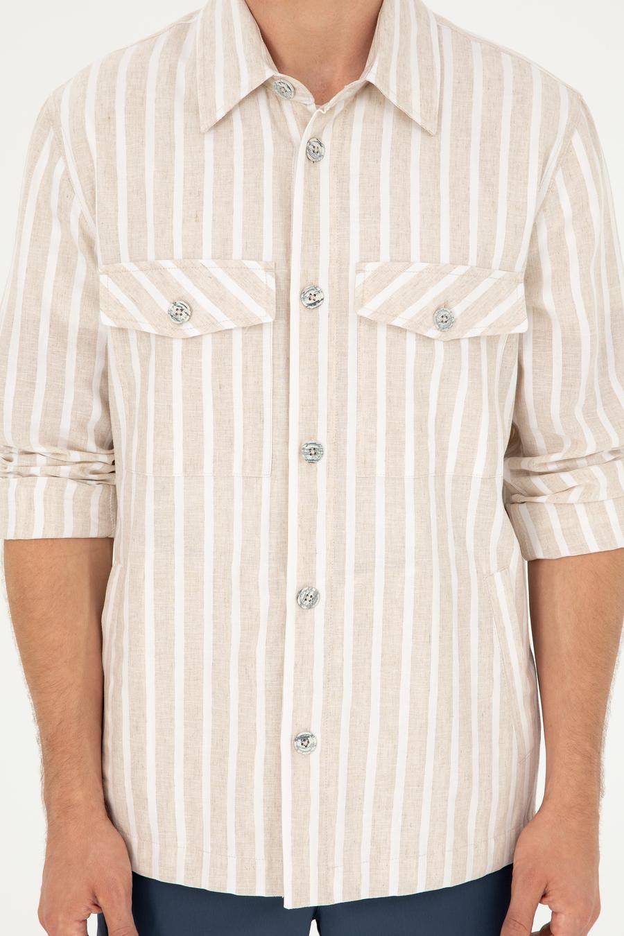 Bej Regular Fit Keten Karışımlı Ceket Gömlek - 50288941022