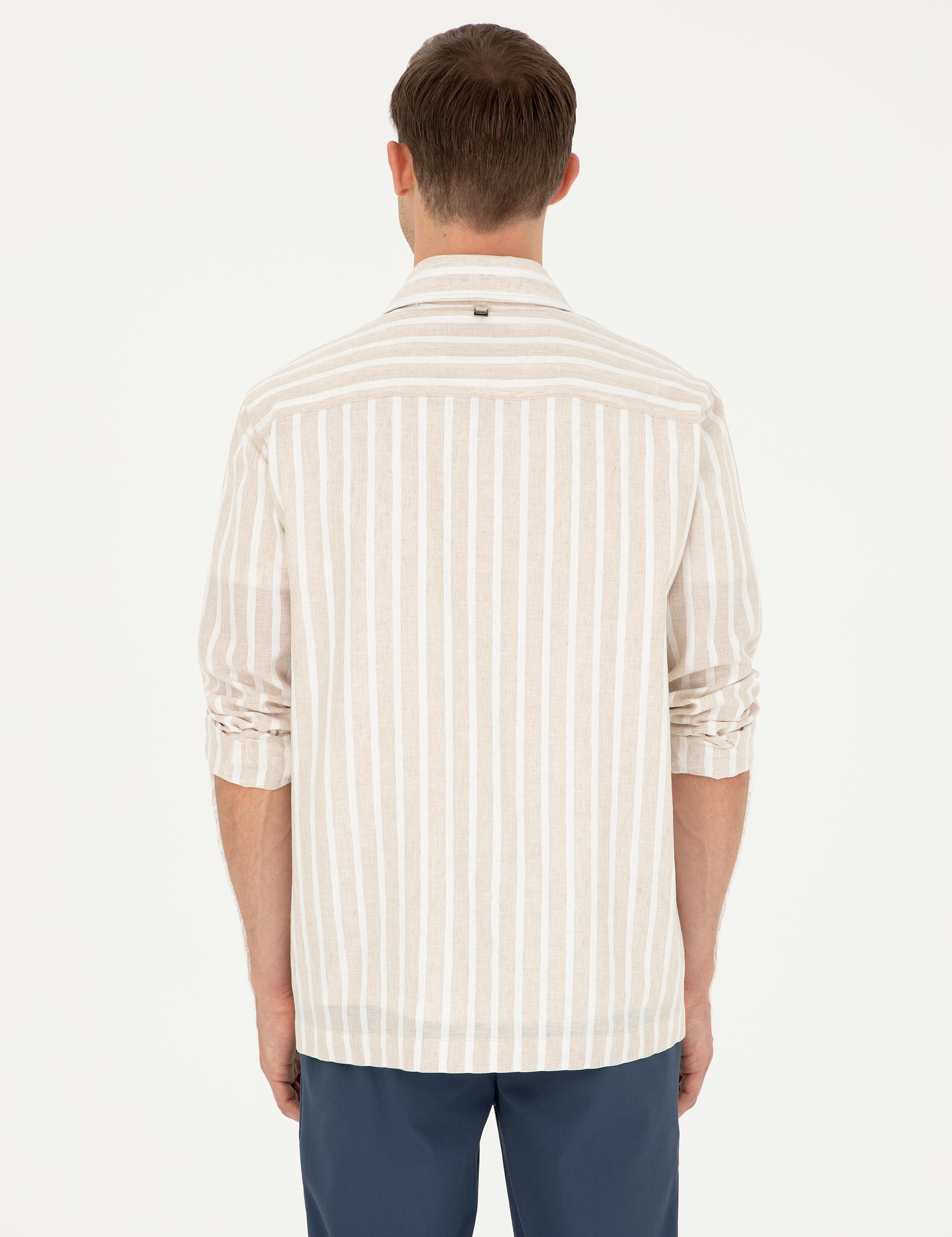 Bej Regular Fit Keten Karışımlı Ceket Gömlek - 50288941022