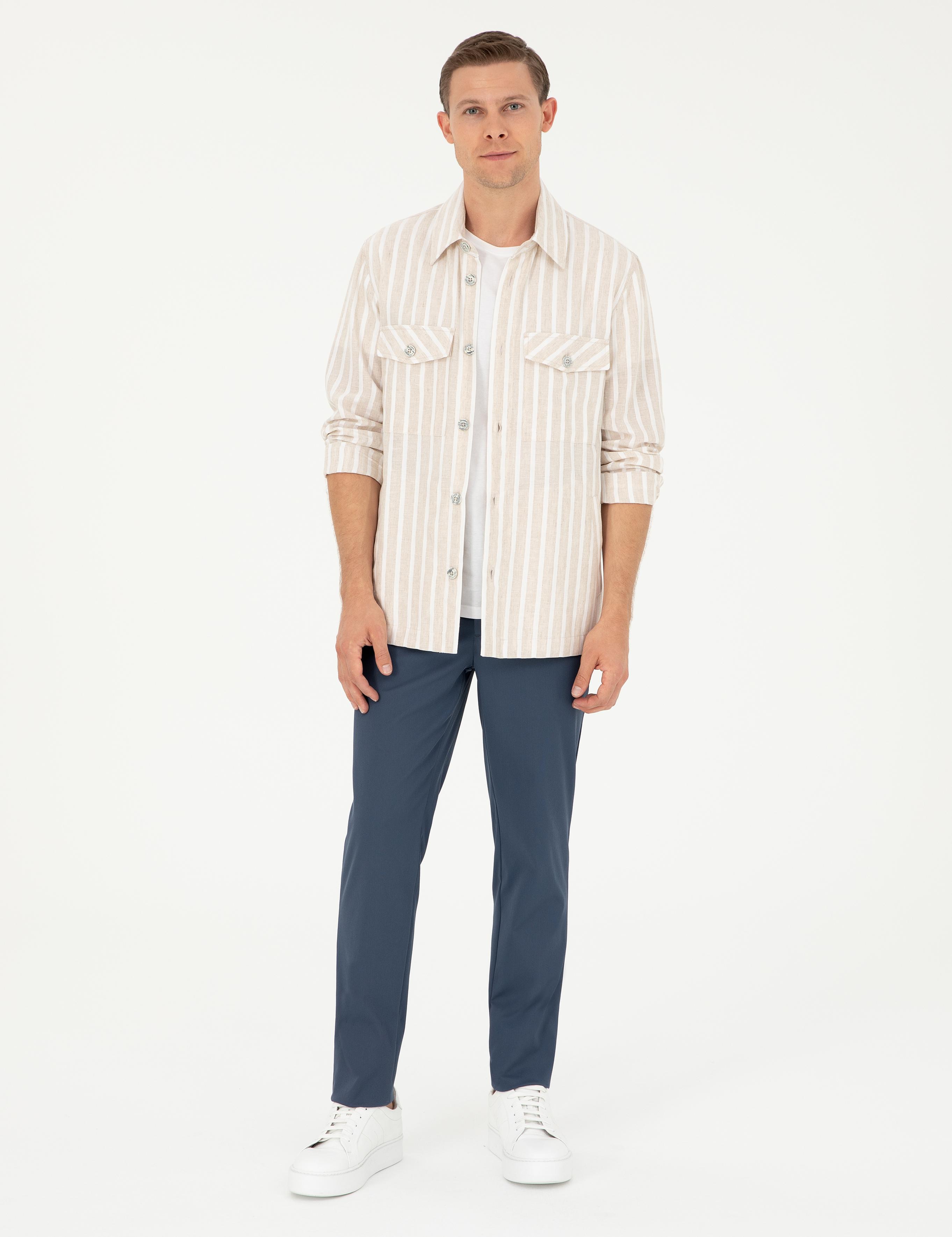 Bej Regular Fit Keten Karışımlı Ceket Gömlek - 50288941022