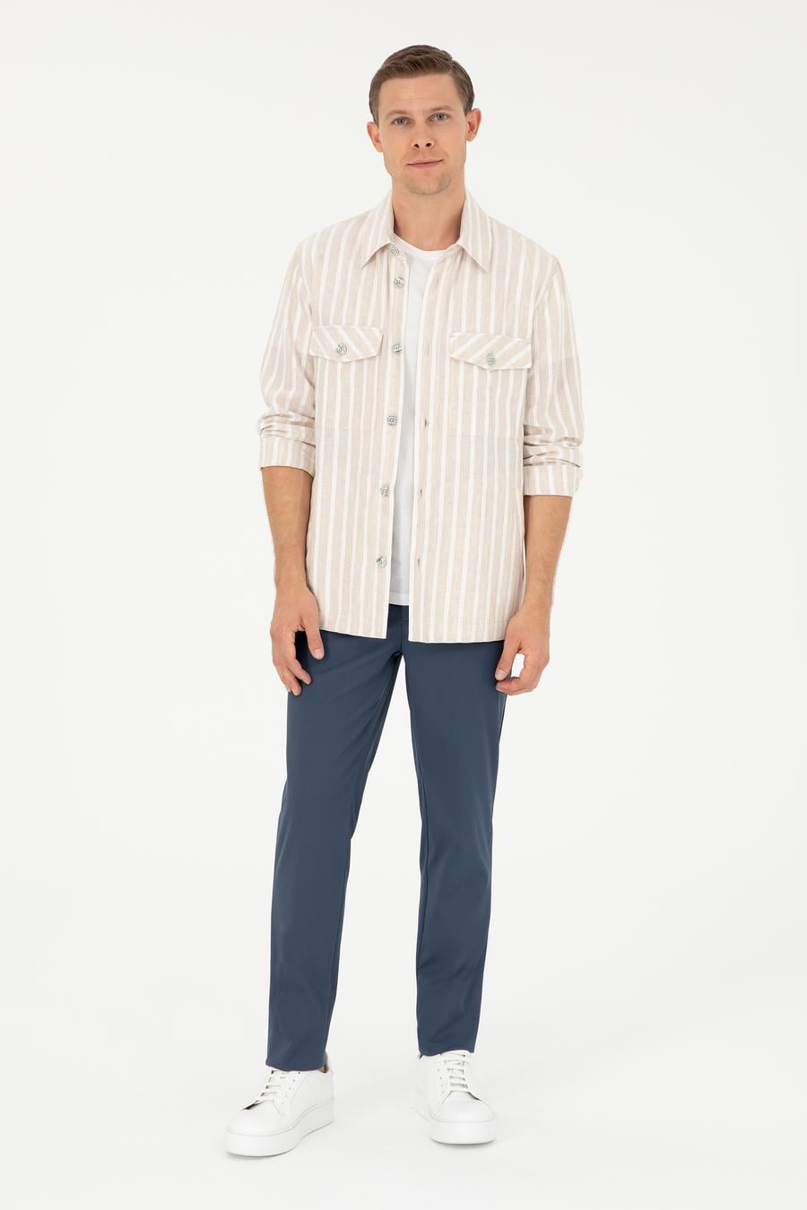 Bej Regular Fit Keten Karışımlı Ceket Gömlek - 50288941022
