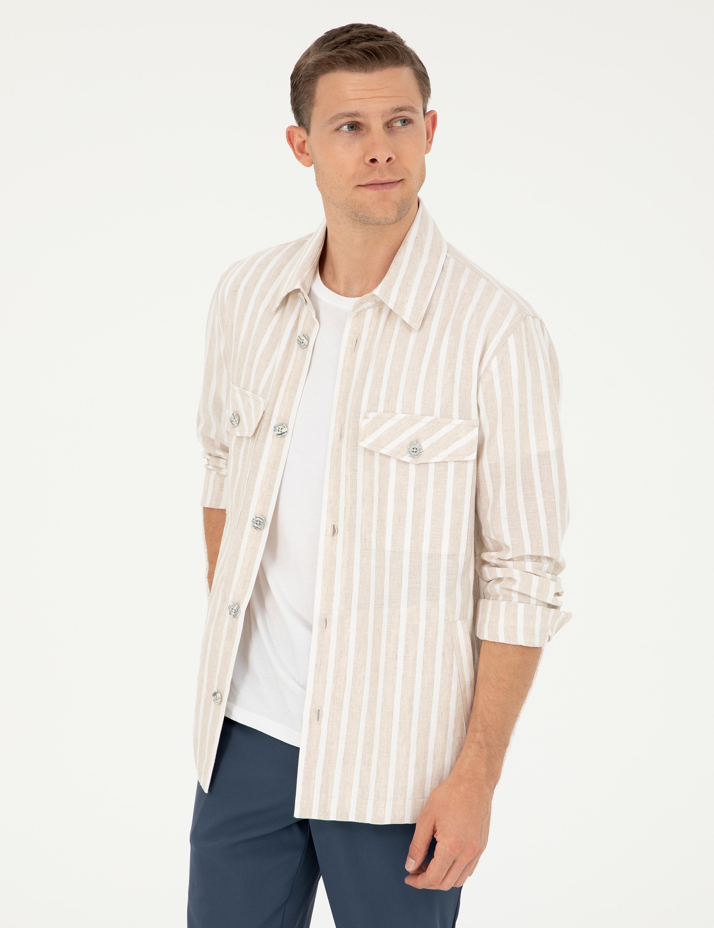 Bej Regular Fit Keten Karışımlı Ceket Gömlek - 50288941022