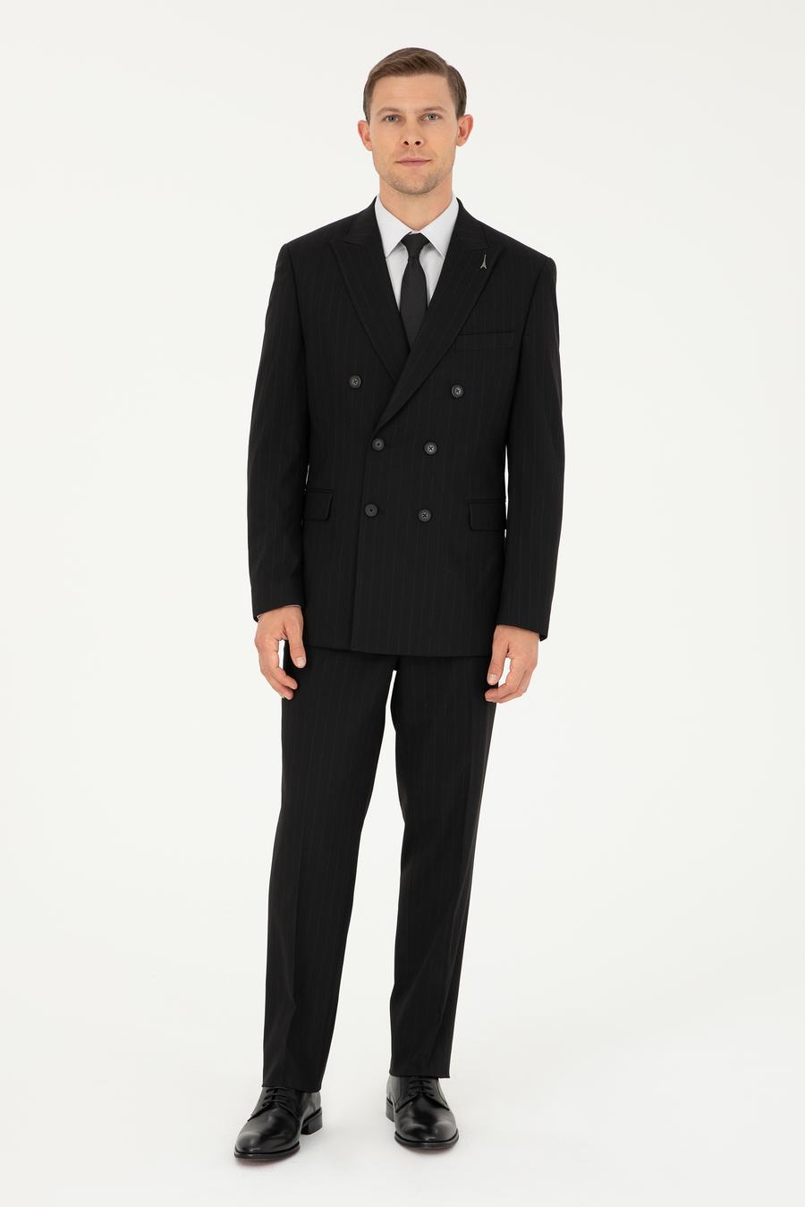 Siyah Slim Fit Çizgili Kruvaze Takım Elbise - 50293931041