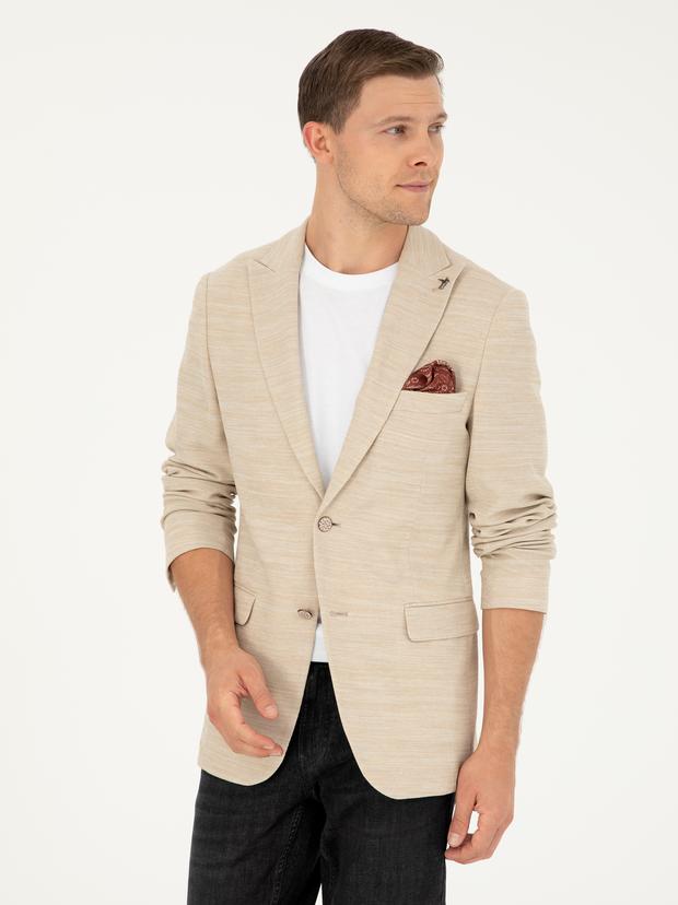 Bej Slim Fit Yün Karışımlı Ceket