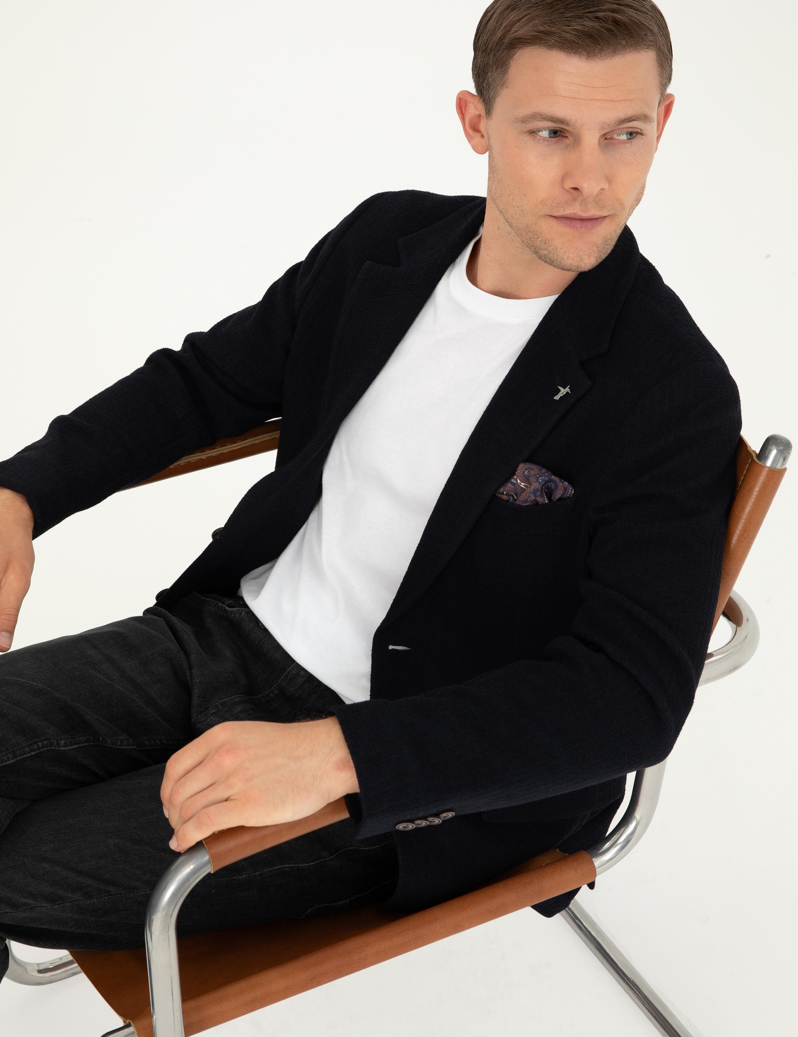 Koyu Lacivert Slim Fit Yün Karışımlı Çizgili Ceket - 50297239008