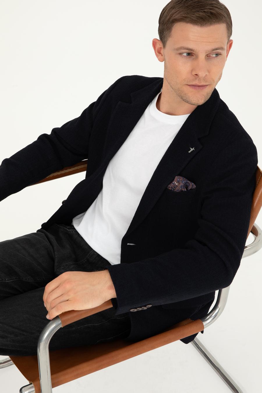 Koyu Lacivert Slim Fit Yün Karışımlı Çizgili Ceket - 50297239008