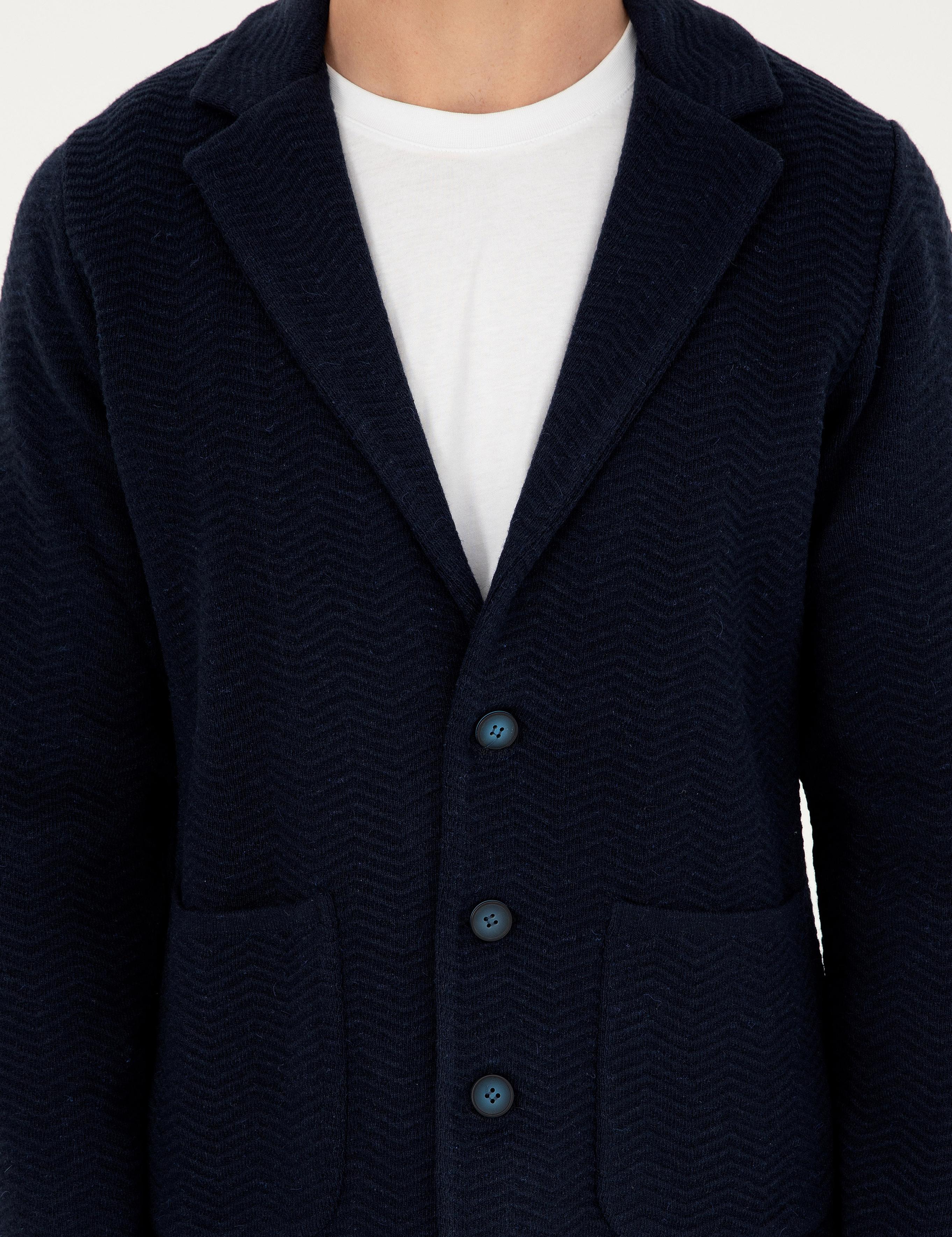 Lacivert Slim Fit Düğmeli Ceket Yaka Triko Hırka - 50296340014