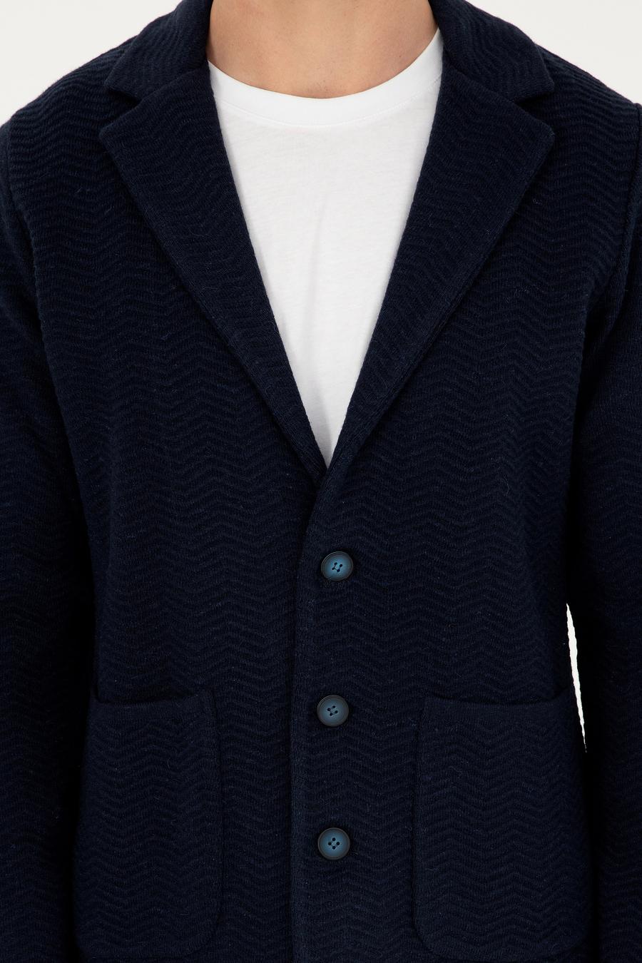 Lacivert Slim Fit Düğmeli Ceket Yaka Triko Hırka - 50296340014