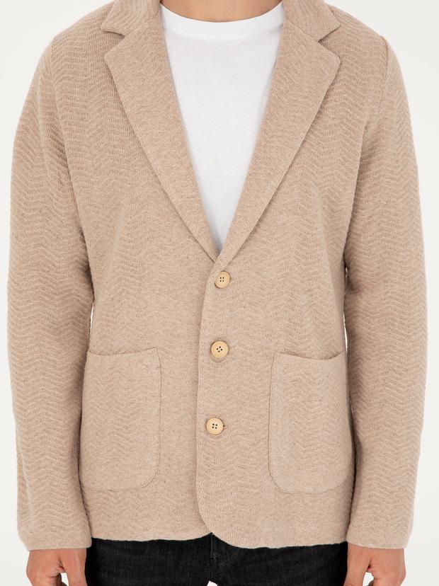 Kahverengi Slim Fit Düğmeli Ceket Yaka Triko Hırka
