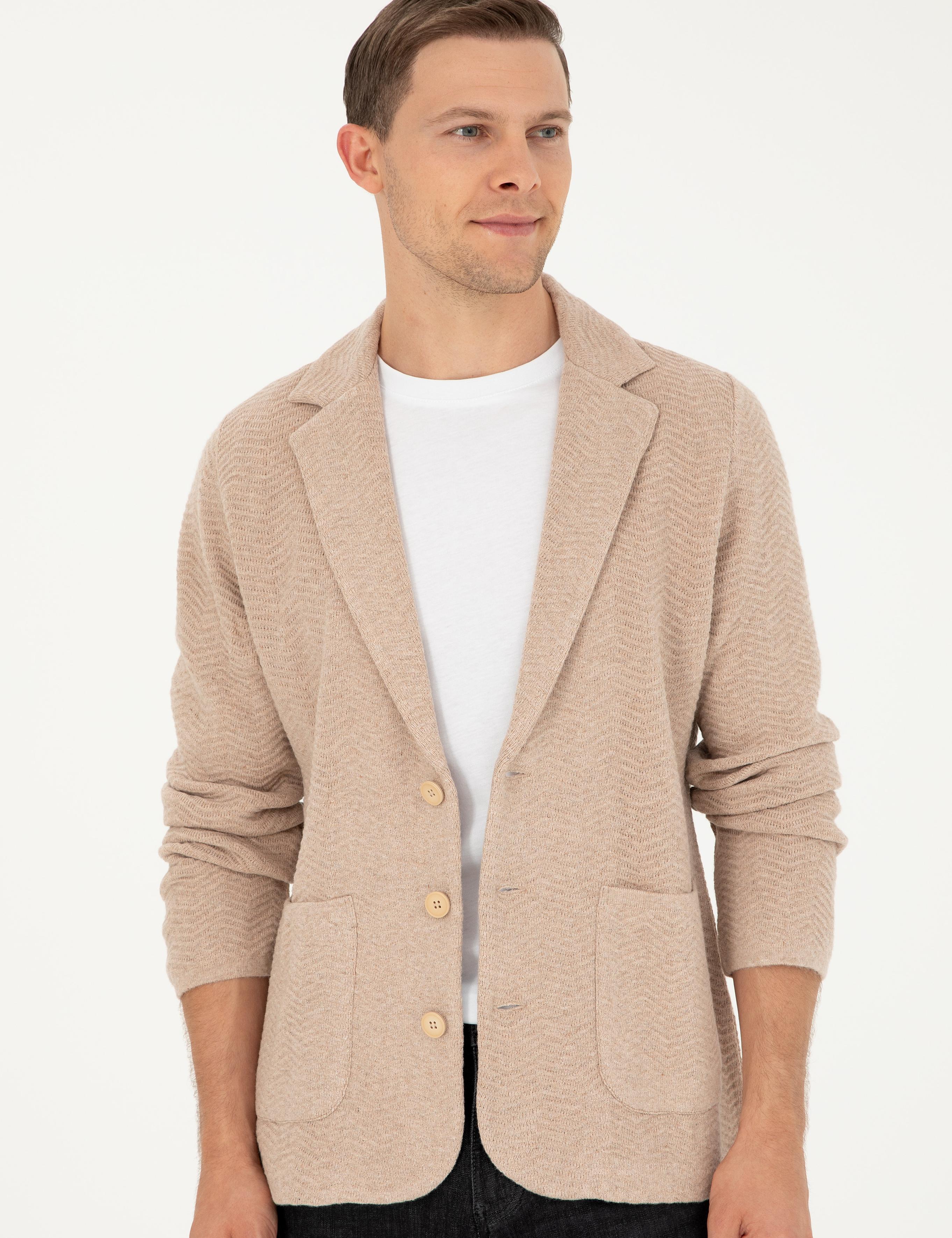 Kahverengi Slim Fit Düğmeli Ceket Yaka Triko Hırka - 50296340018
