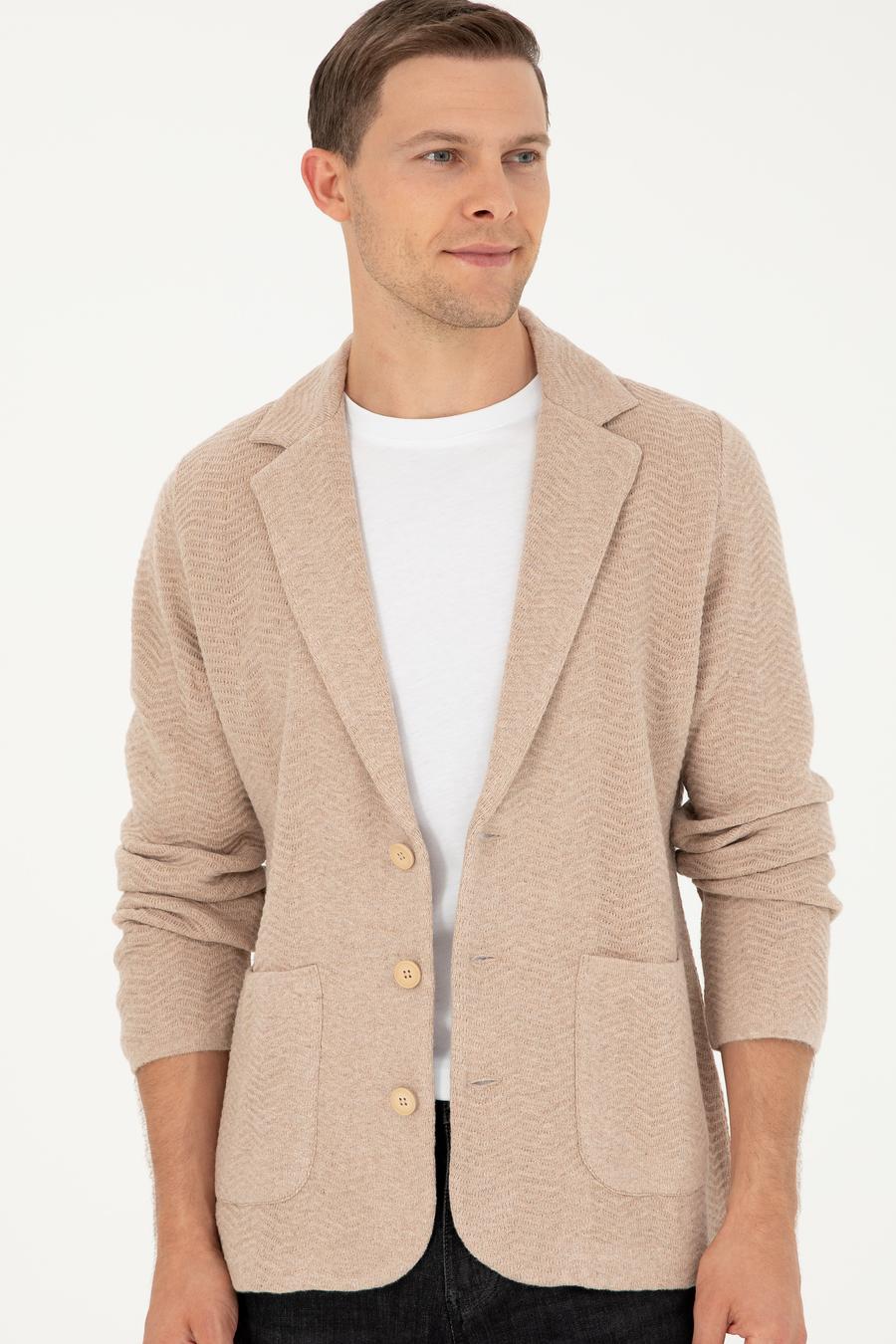 Kahverengi Slim Fit Düğmeli Ceket Yaka Triko Hırka - 50296340018