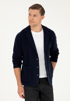 Lacivert Slim Fit Düğmeli Ceket Yaka Triko Hırka