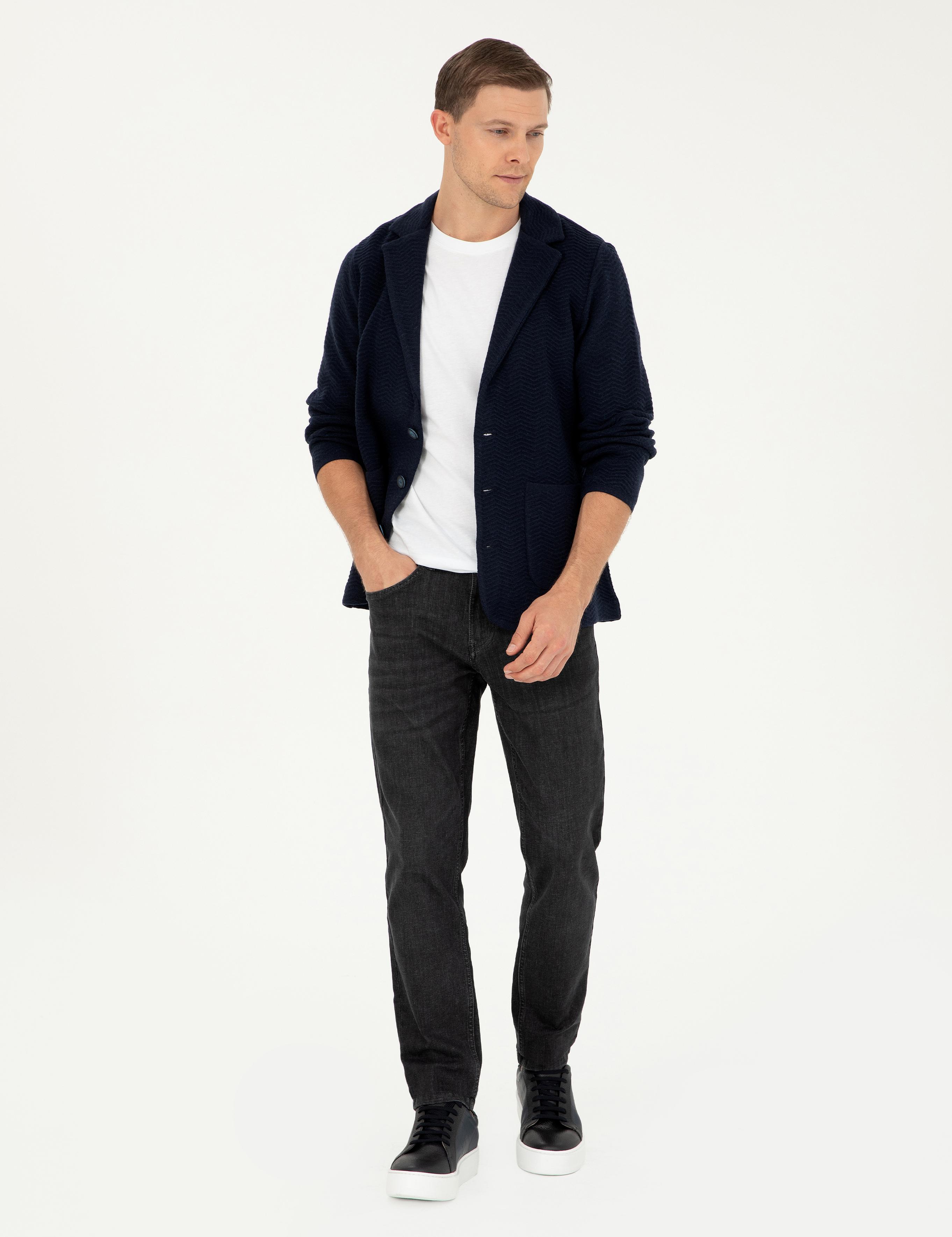 Lacivert Slim Fit Düğmeli Ceket Yaka Triko Hırka - 50296340014