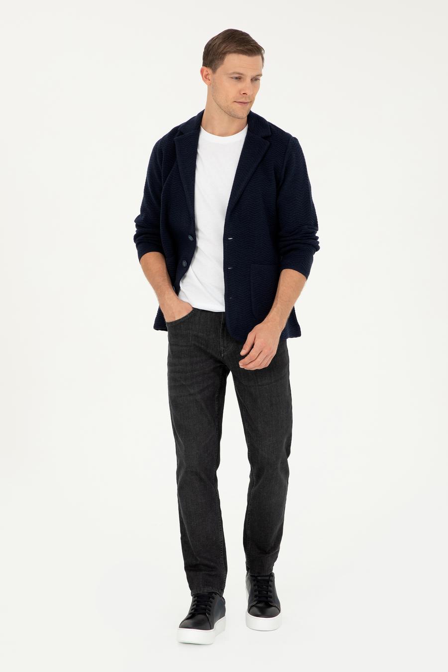 Lacivert Slim Fit Düğmeli Ceket Yaka Triko Hırka - 50296340014