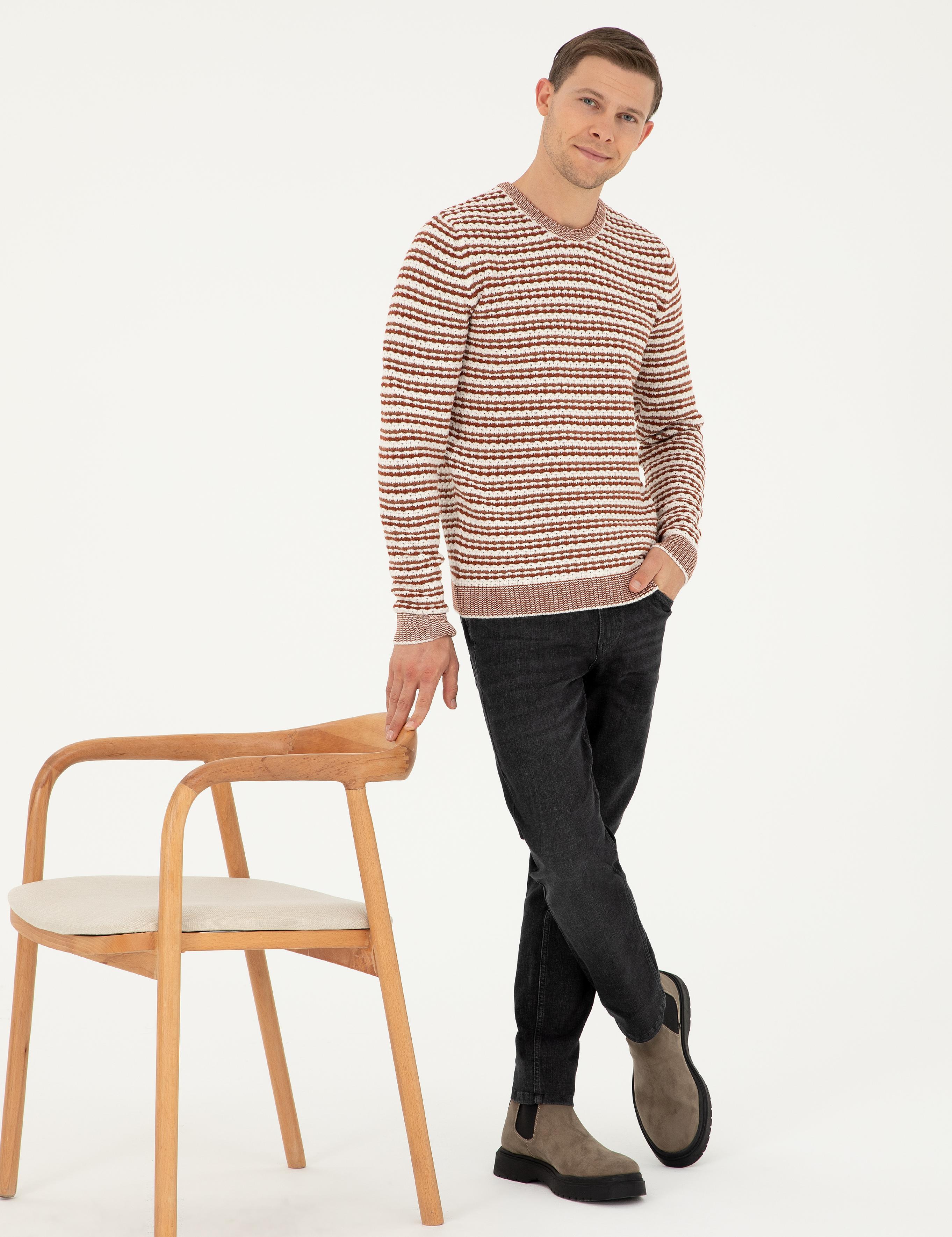 Kiremit Slim Fit Pamuk Karışımlı Bisiklet Yaka Triko Kazak - 50292612037