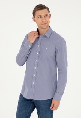 Lacivert Slim Fit Pamuklu Çizgili Gömlek