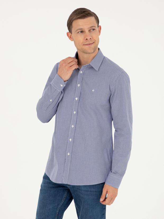 Lacivert Slim Fit Pamuklu Çizgili Gömlek