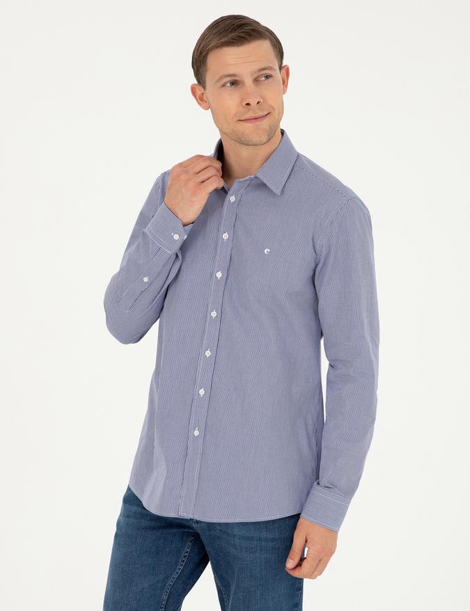 Lacivert Slim Fit Pamuklu Çizgili Gömlek