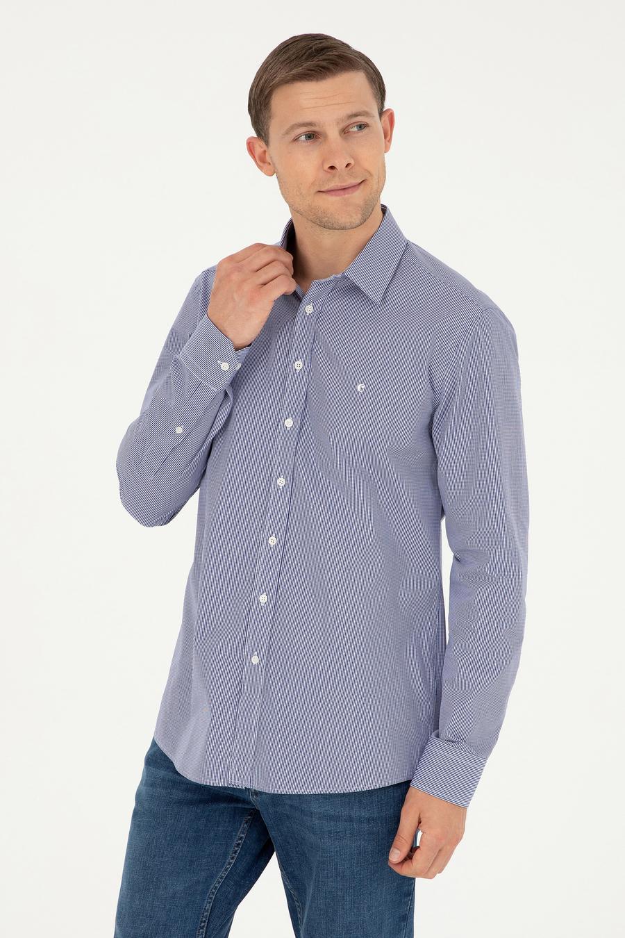Lacivert Slim Fit Pamuklu Çizgili Gömlek - 50291357007