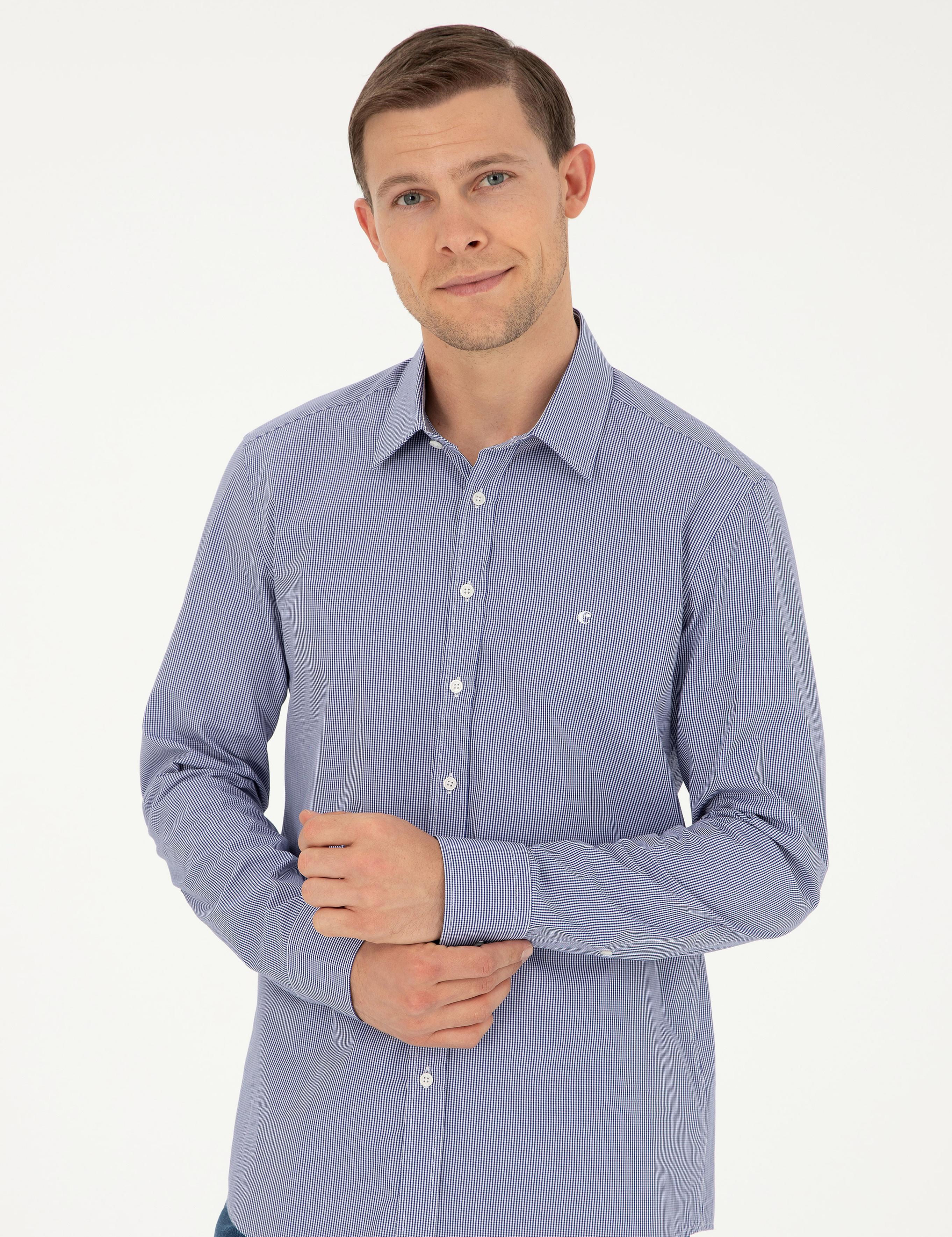 Lacivert Slim Fit Pamuklu Çizgili Gömlek - 50291357007