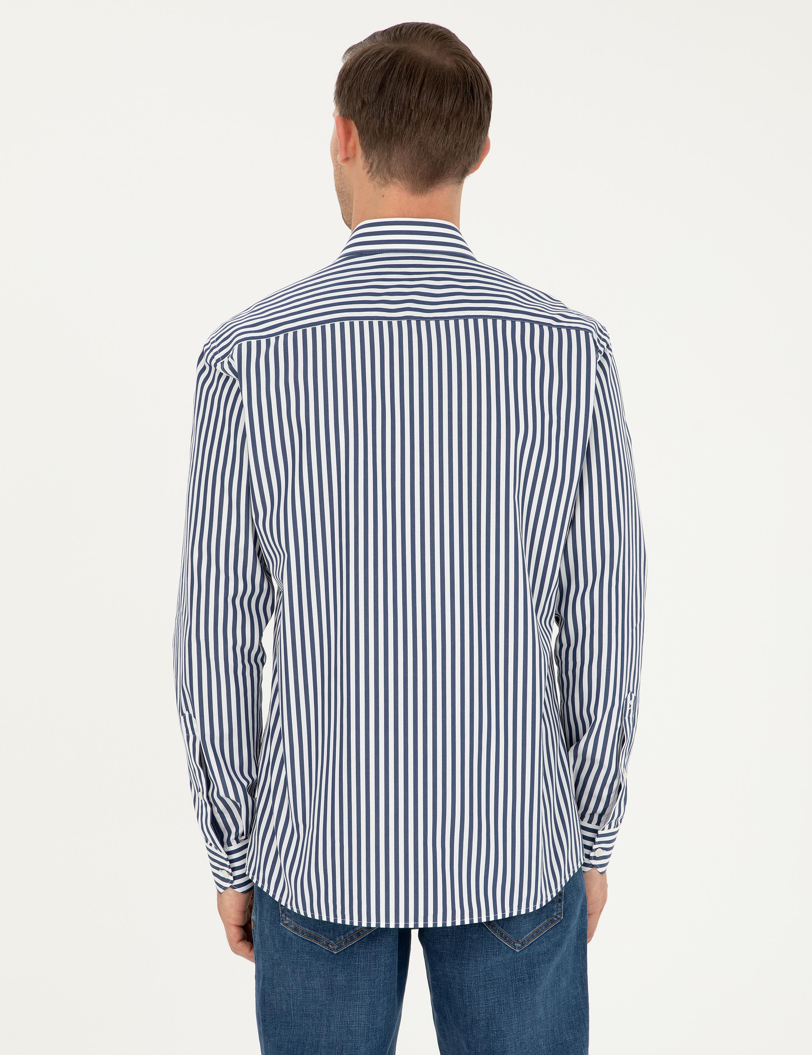 Lacivert Slim Fit Pamuklu Çizgili Gömlek - 50291360007