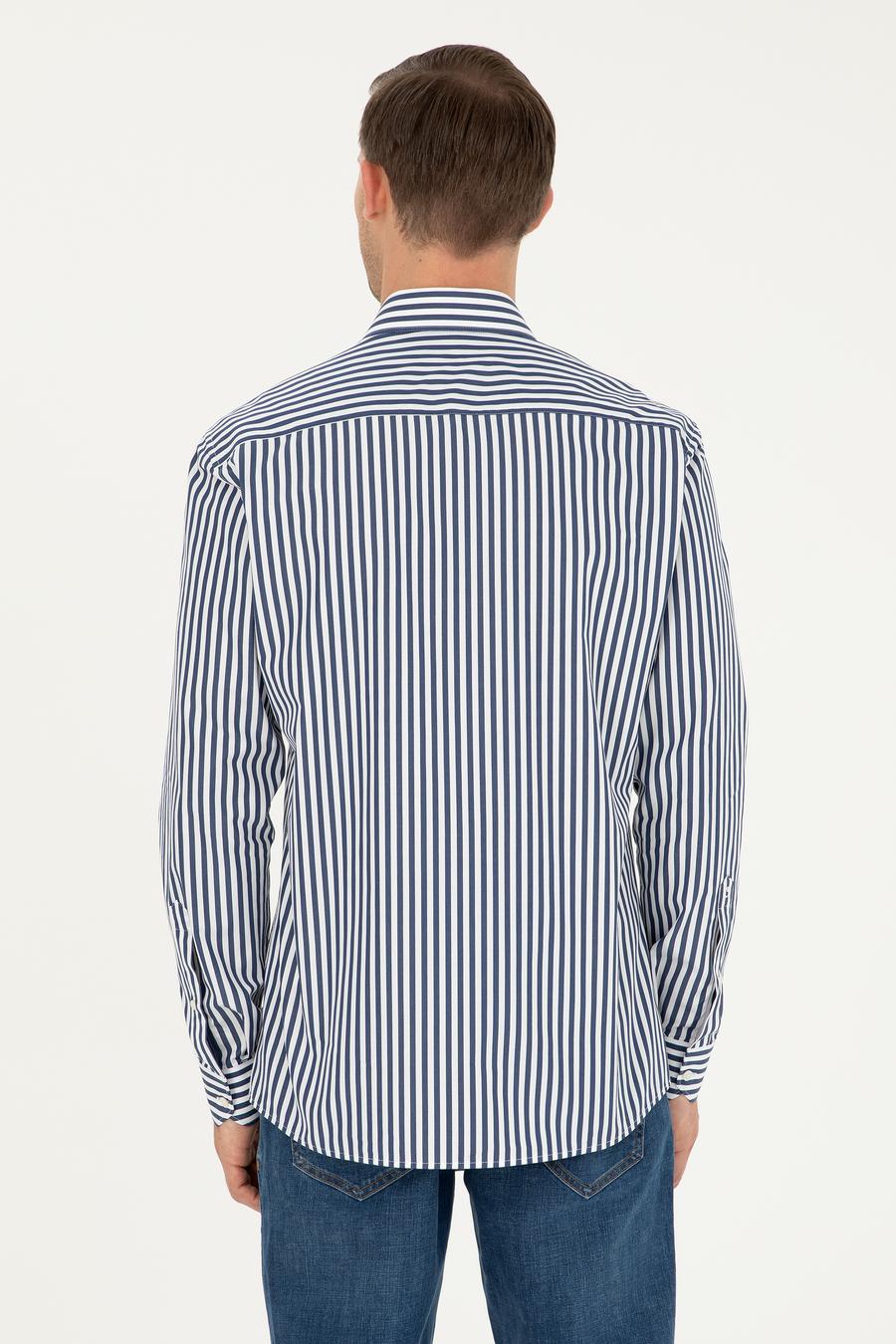 Lacivert Slim Fit Pamuklu Çizgili Gömlek - 50291360007