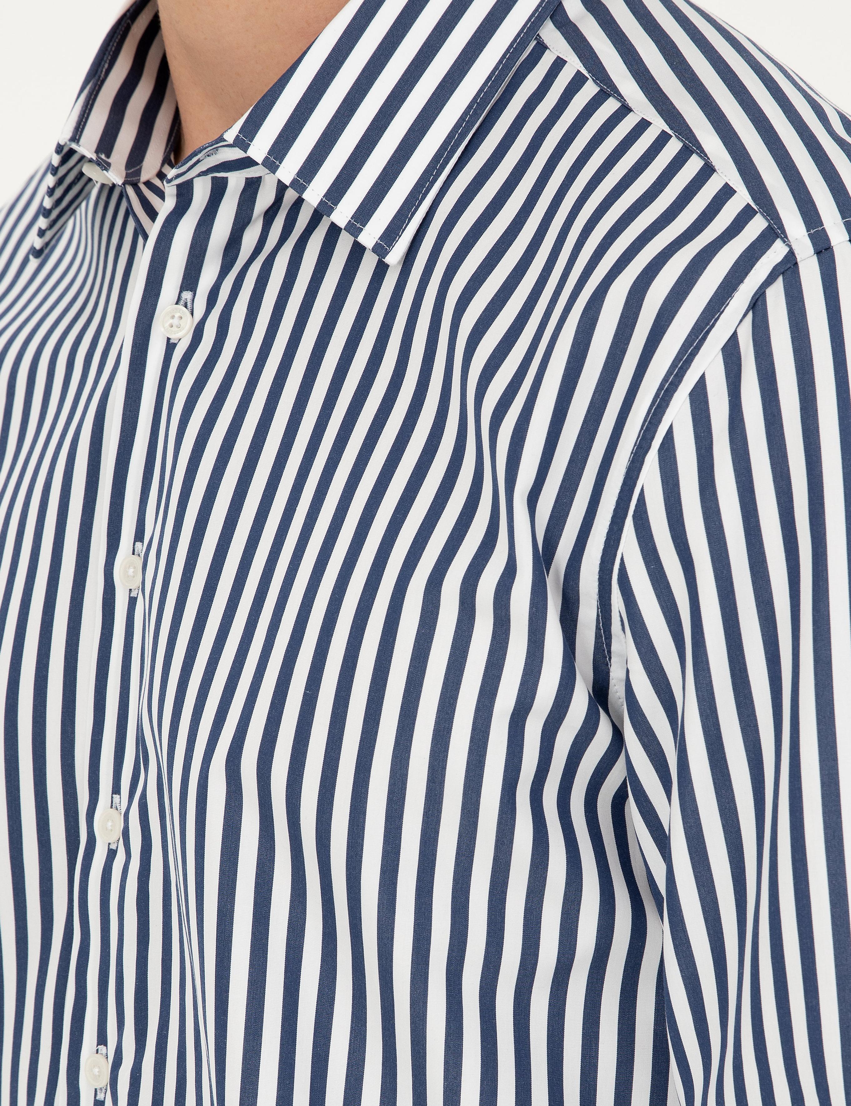 Lacivert Slim Fit Pamuklu Çizgili Gömlek - 50291360007