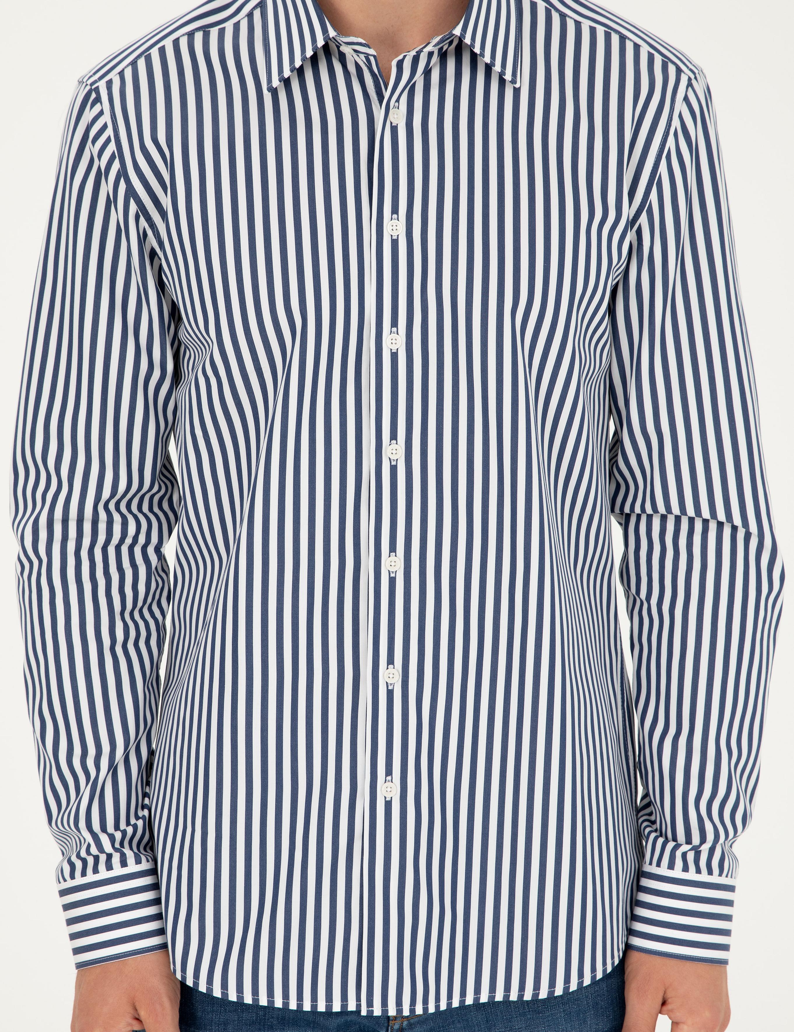 Lacivert Slim Fit Pamuklu Çizgili Gömlek - 50291360007