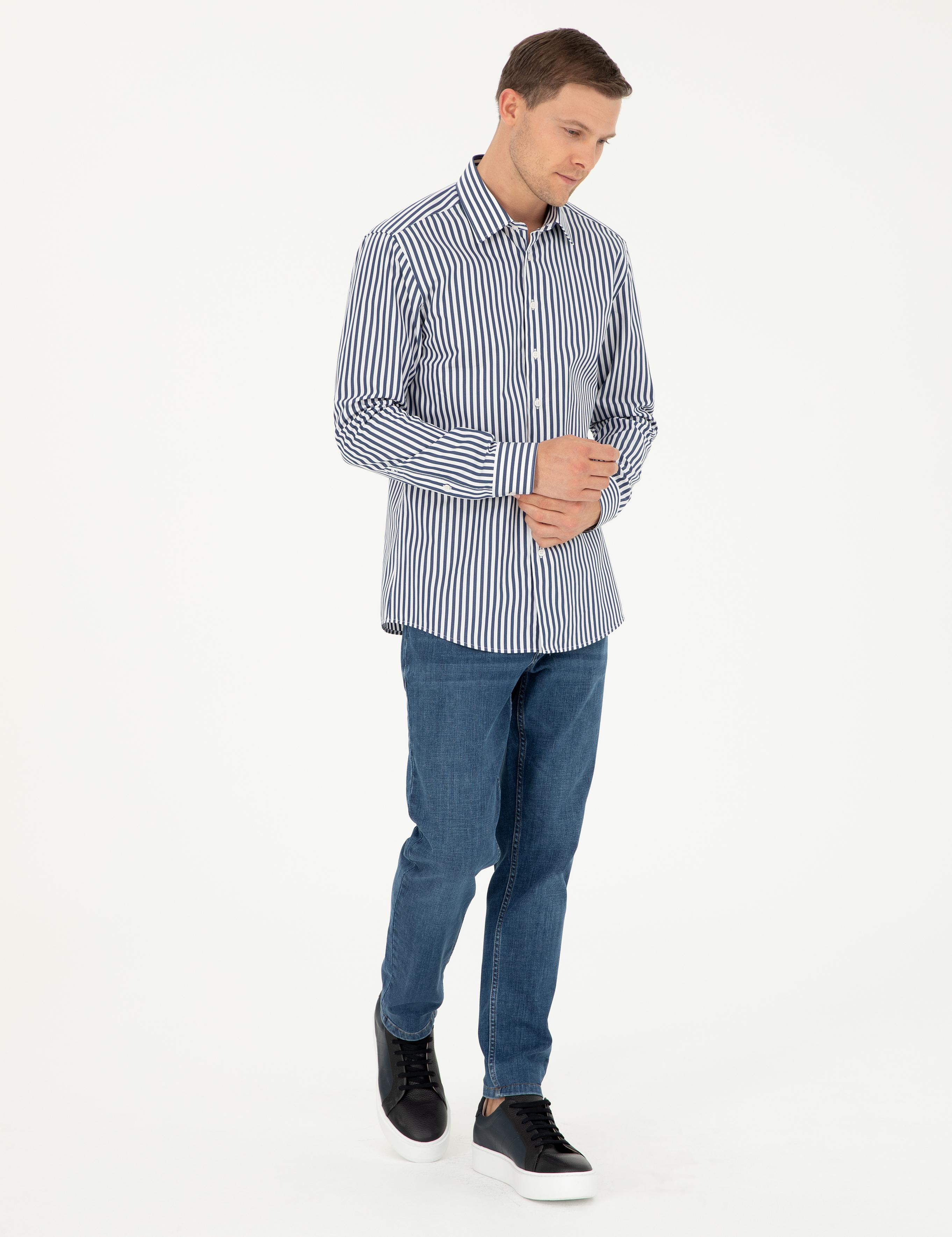 Lacivert Slim Fit Pamuklu Çizgili Gömlek - 50291360007