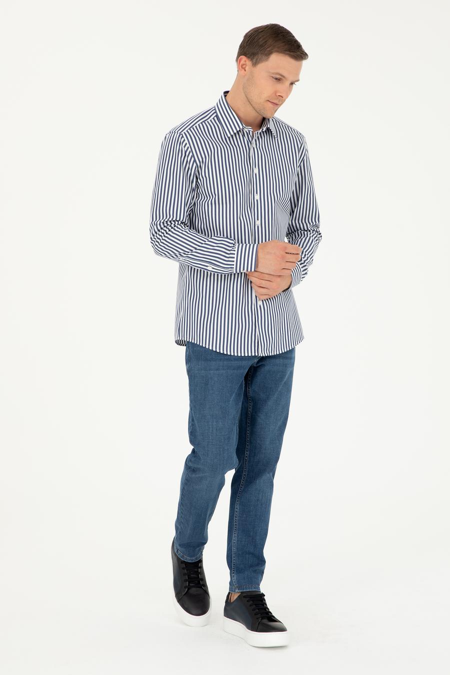 Lacivert Slim Fit Pamuklu Çizgili Gömlek - 50291360007