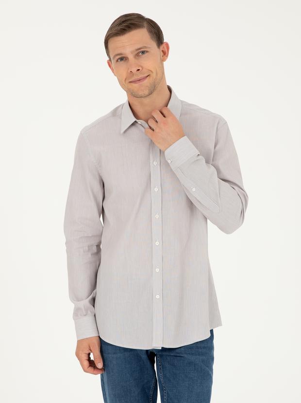 Kahverengi Slim Fit Pamuklu Çizgili Gömlek