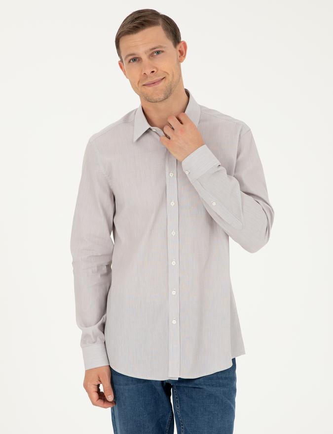 Kahverengi Slim Fit Pamuklu Çizgili Gömlek