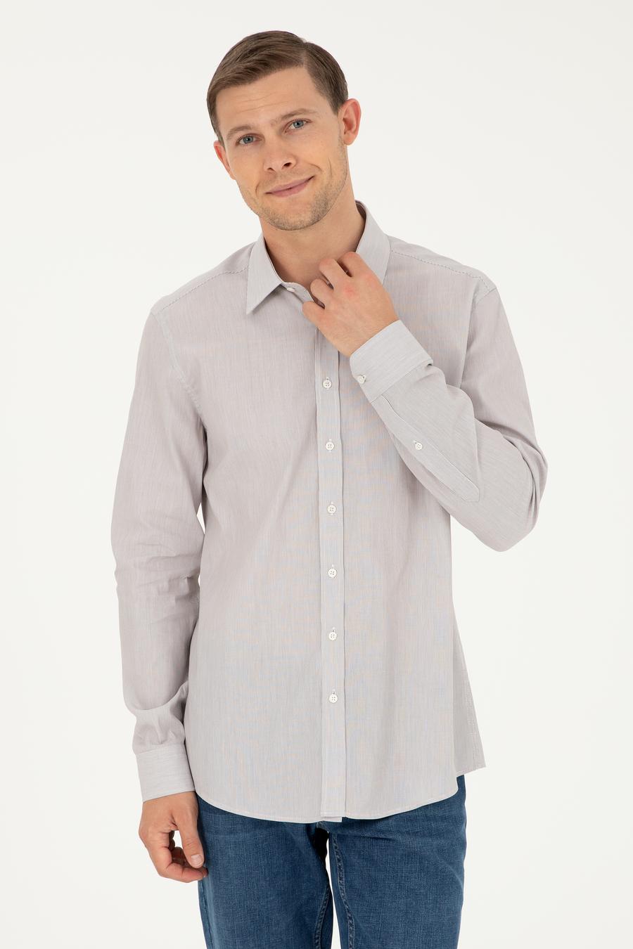 Kahverengi Slim Fit Pamuklu Çizgili Gömlek - 50291352004