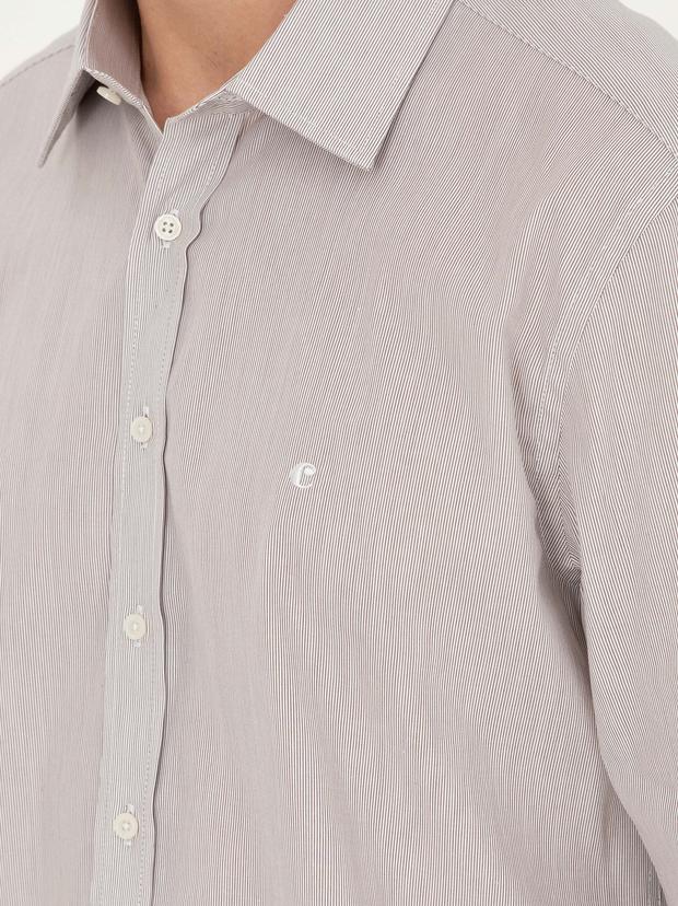 Kahverengi Slim Fit Pamuklu Çizgili Gömlek