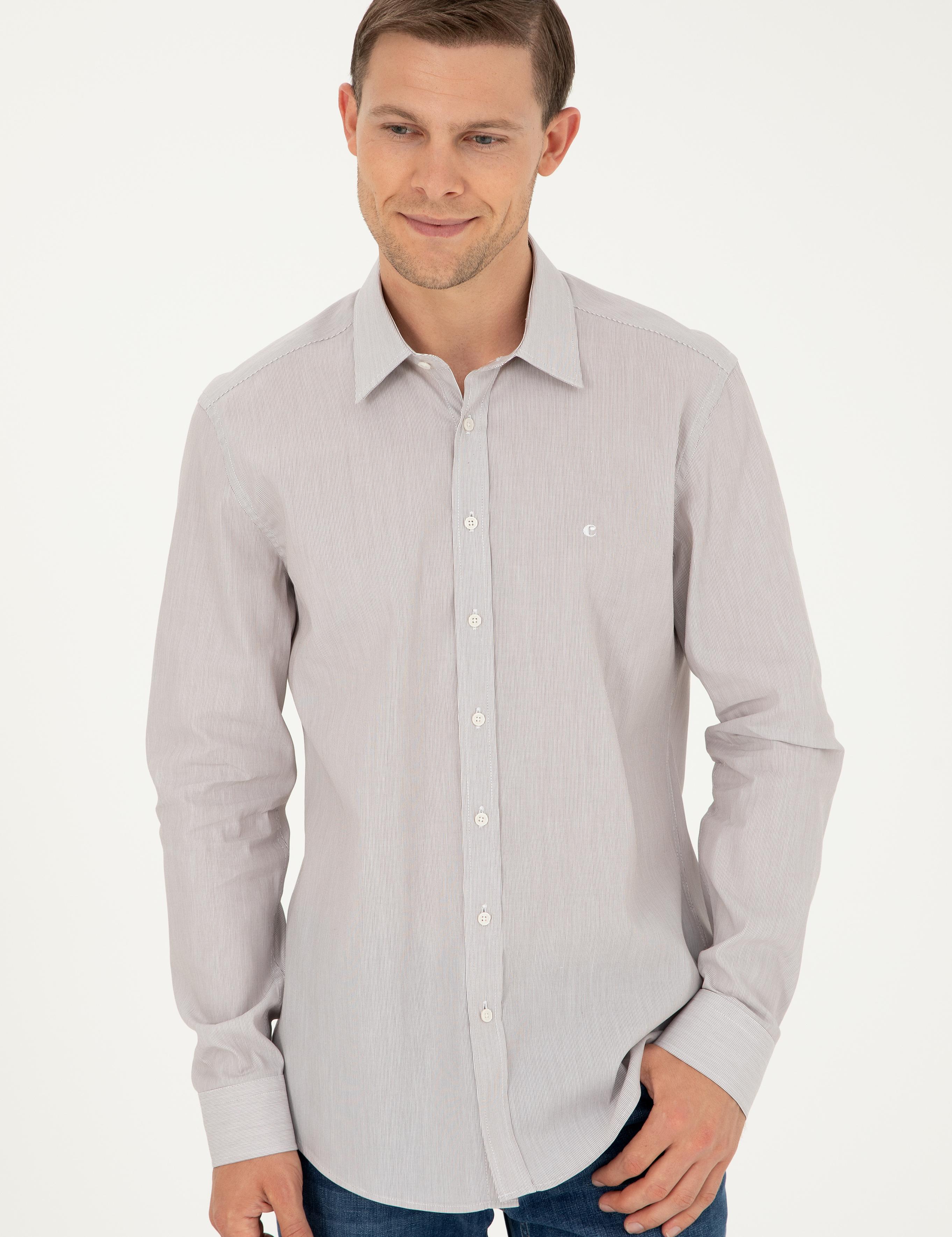 Kahverengi Slim Fit Pamuklu Çizgili Gömlek - 50291352004