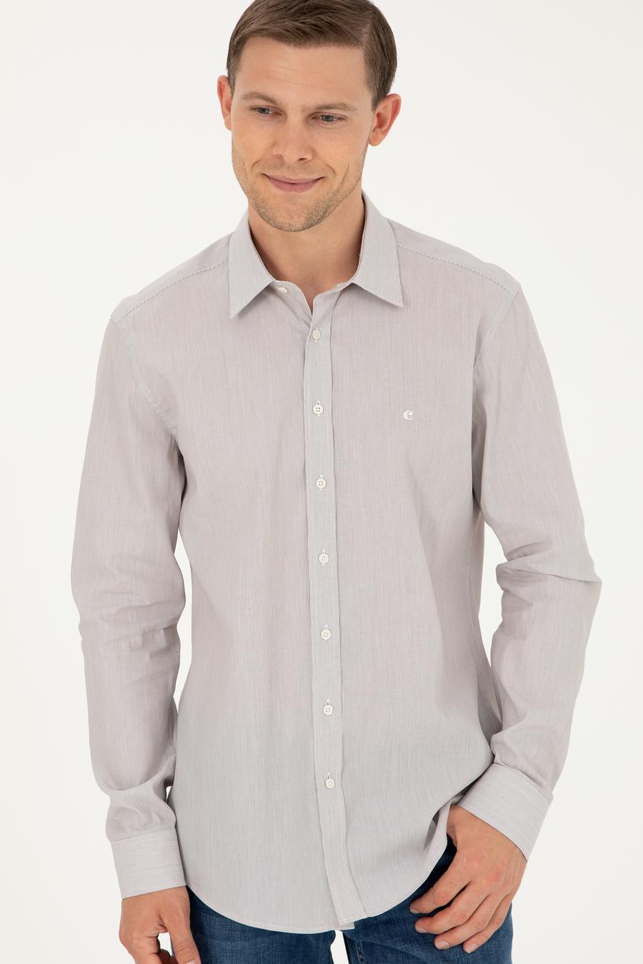 Kahverengi Slim Fit Pamuklu Çizgili Gömlek - 50291352004