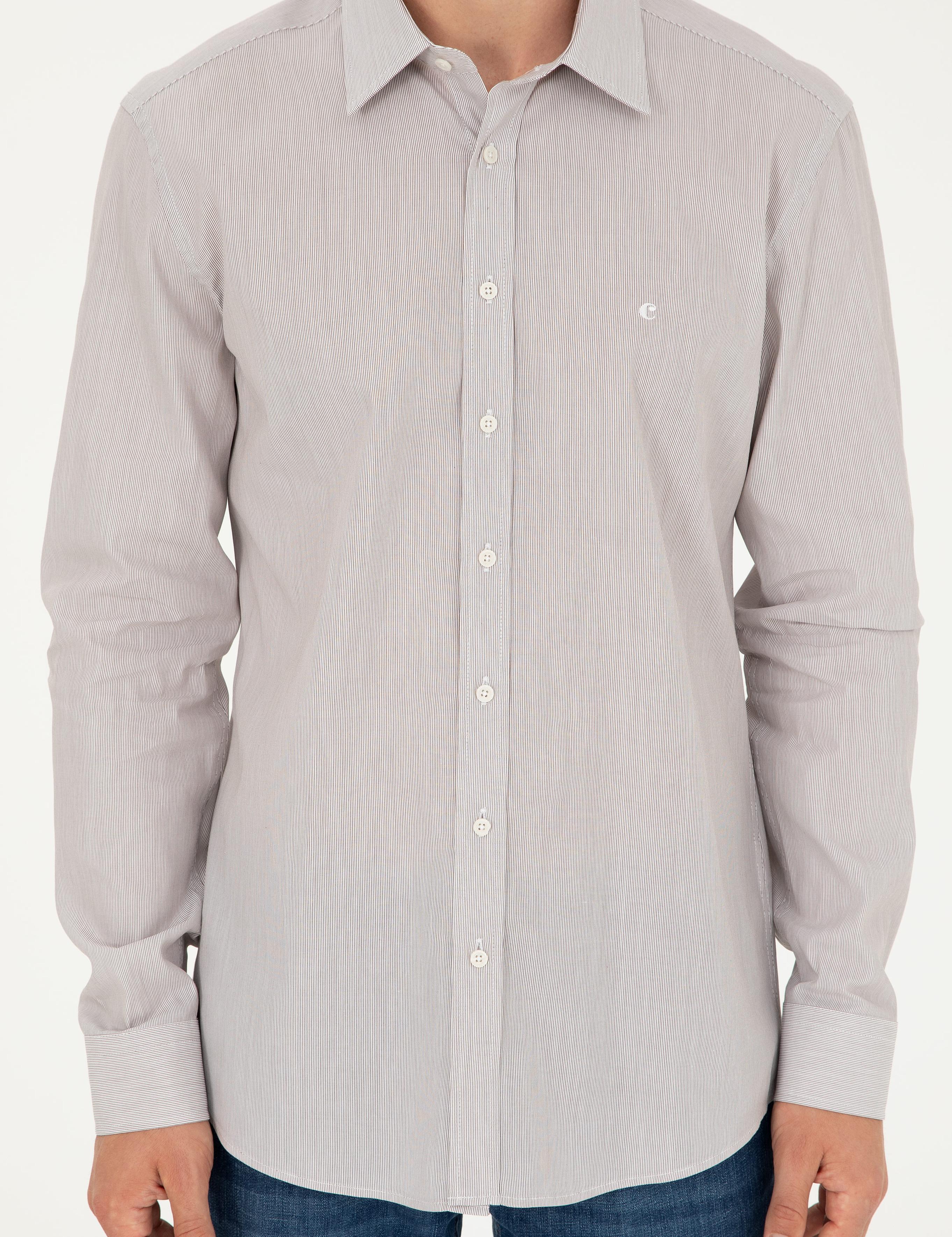 Kahverengi Slim Fit Pamuklu Çizgili Gömlek - 50291352004
