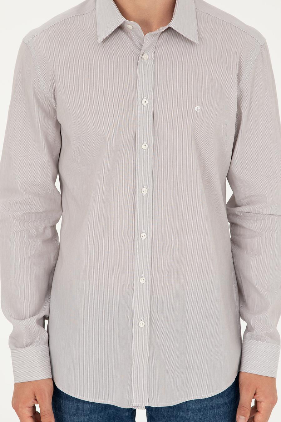 Kahverengi Slim Fit Pamuklu Çizgili Gömlek - 50291352004