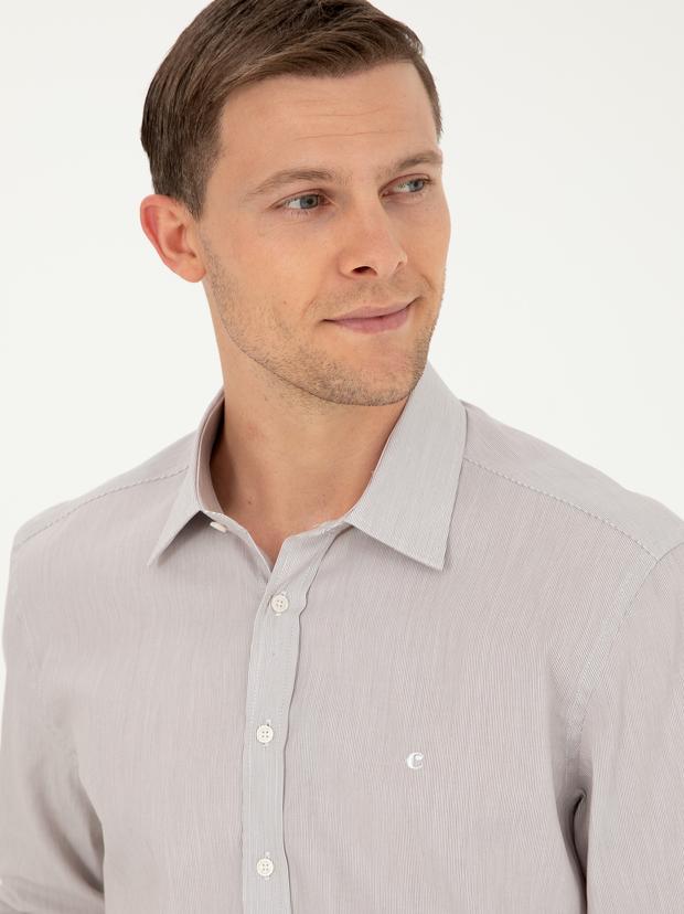 Kahverengi Slim Fit Pamuklu Çizgili Gömlek