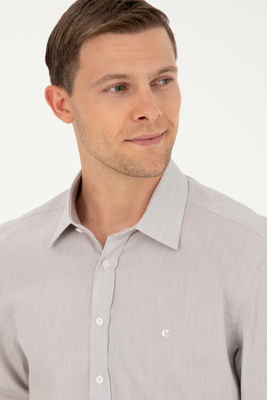 Kahverengi Slim Fit Pamuklu Çizgili Gömlek - 50291352004